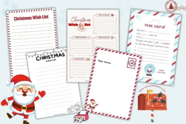 Hero image showing a collection of free Dear Santa wish list printables, including lined Christmas wish lists, blank Santa letters, and colorful North Pole–themed templates for kids to write their Christmas wishes.