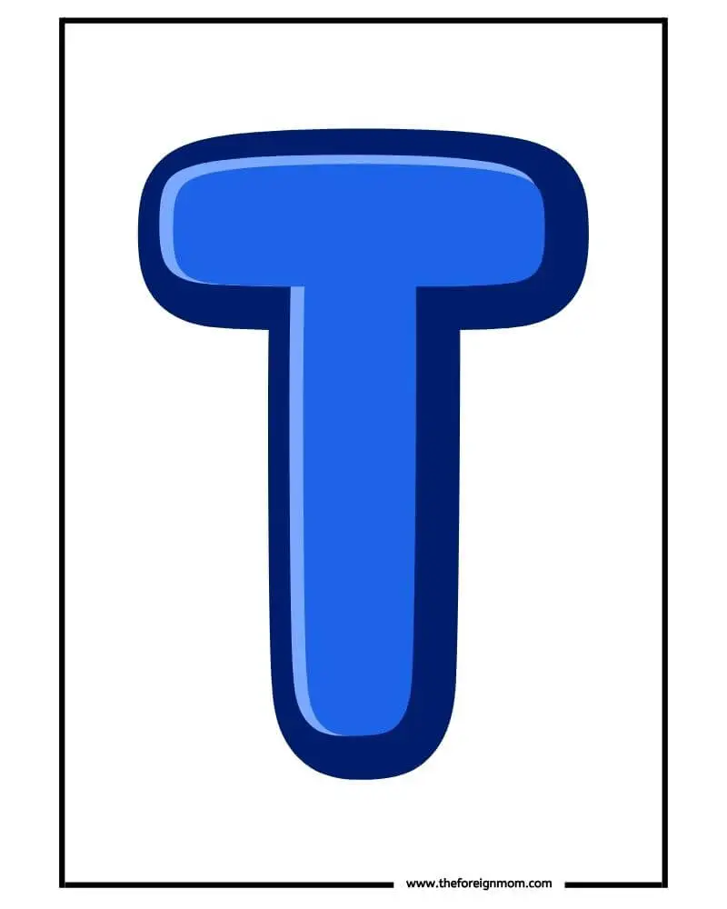 Free printable uppercase bubble letter T in bright blue. Ideal for classroom décor, bulletin boards, or alphabet wall art.