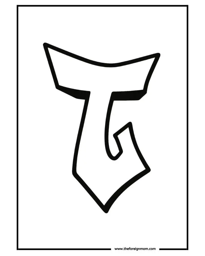 Free printable graffiti-style uppercase bubble letter T. Bold and creative design for older kids’ art projects and school murals.