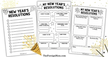 Hero image showing three New Year’s resolution printables for kids, including a lined worksheet, goal-setting prompts, and reflection boxes for learning, habits, skills, and improvement. Designed in a fun black-and-white style.