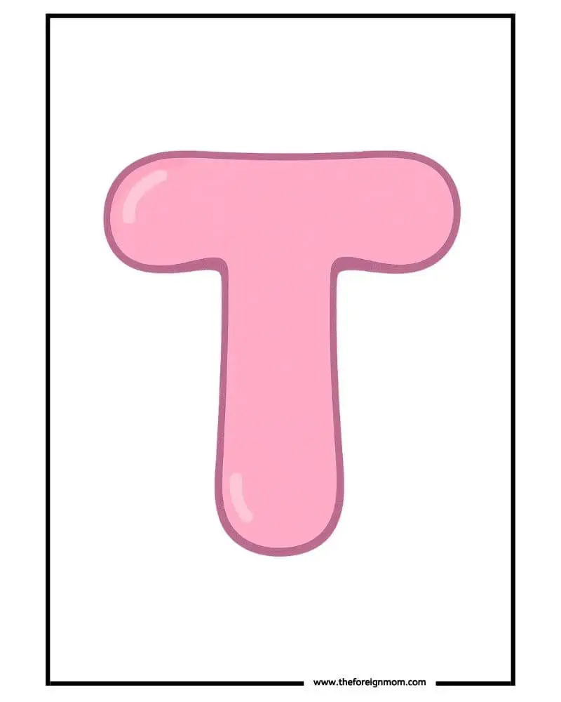 Free printable pink uppercase bubble letter T. Perfect for girly crafts, scrapbooks, and Valentine’s-themed classroom activities.