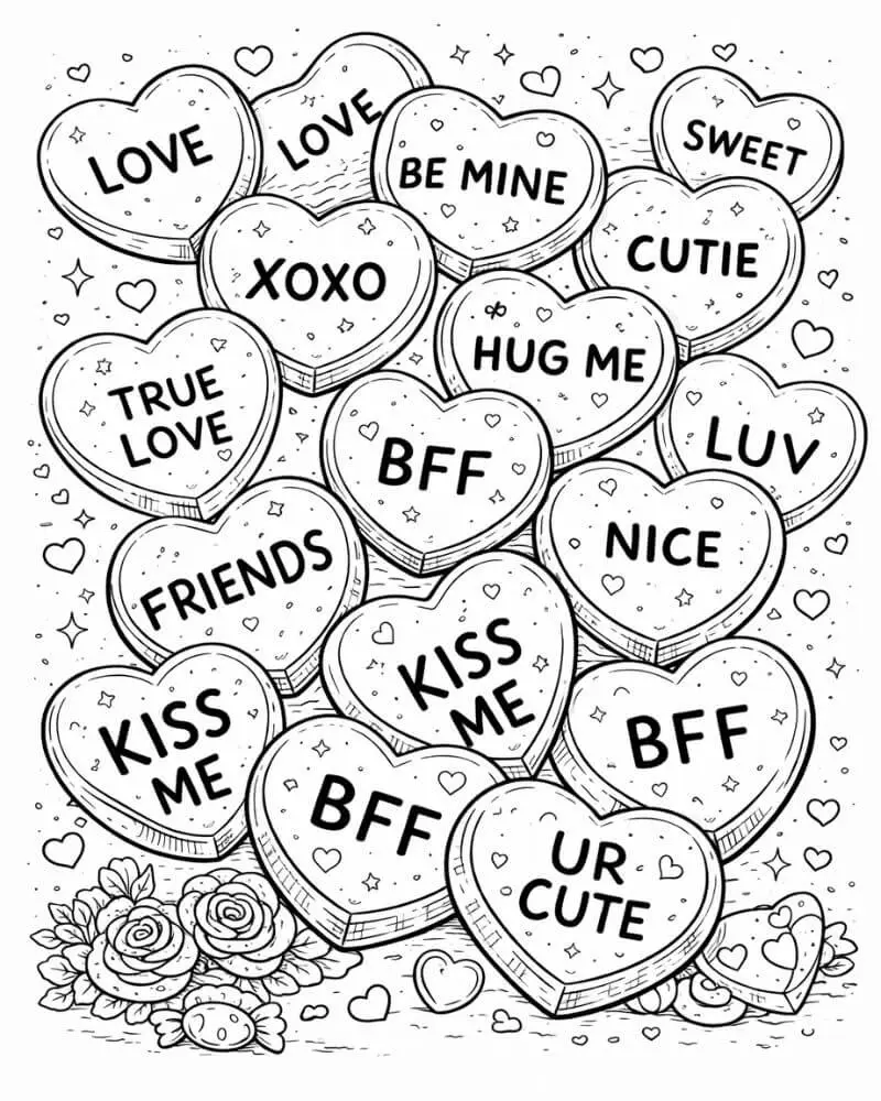 Candy conversation hearts Valentine’s Day coloring page with BFF and love words for kids.