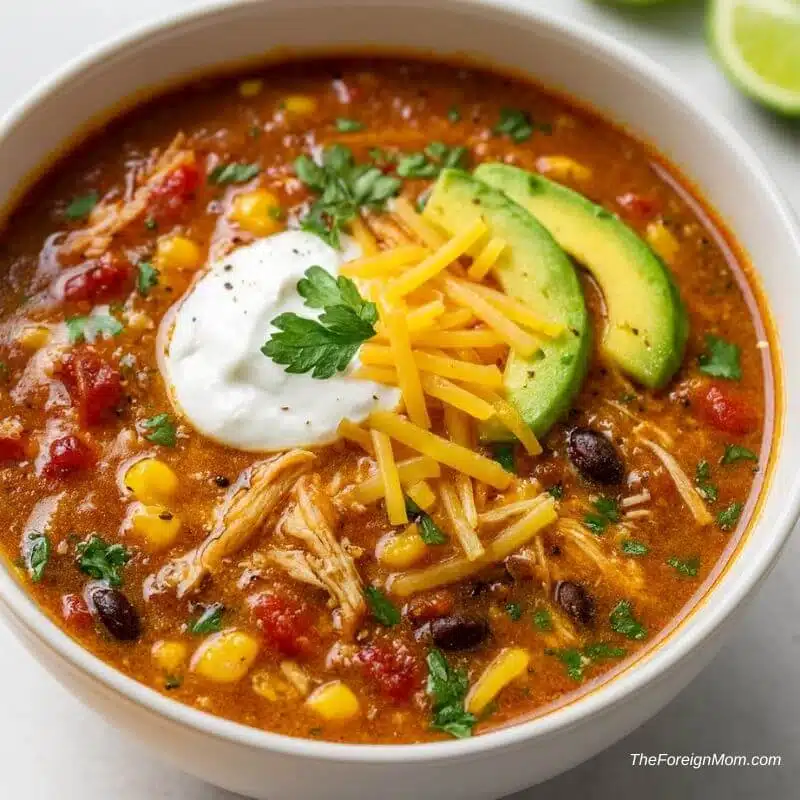 A bowl of creamy chicken enchilada soup topped with shredded chicken, cheddar cheese, avocado slices, and cilantro.