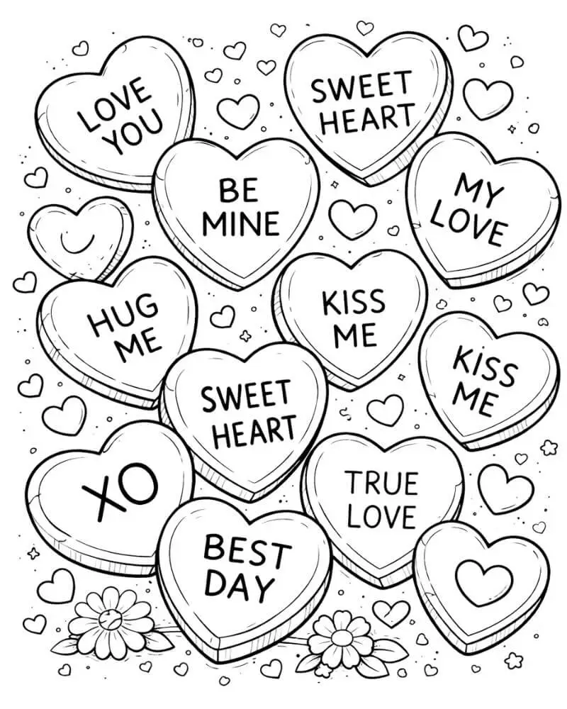 Conversation hearts Valentine’s Day coloring page with sweet messages for kids.