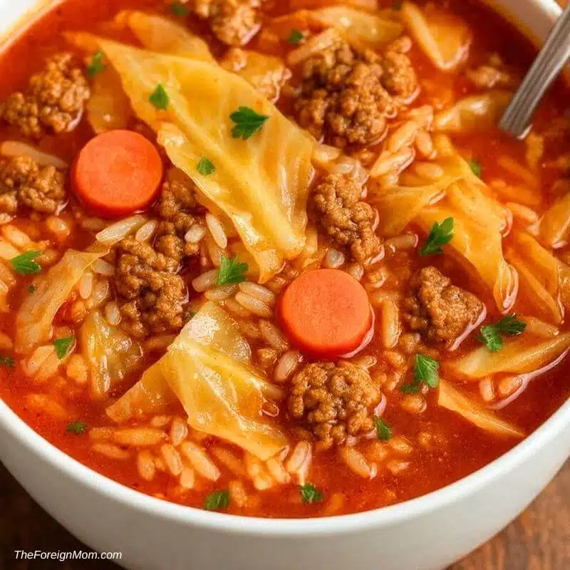 A warm bowl of cabbage roll soup filled with ground beef, tender cabbage, carrots, tomatoes, and rice in a rich tomato broth, topped with fresh parsley.