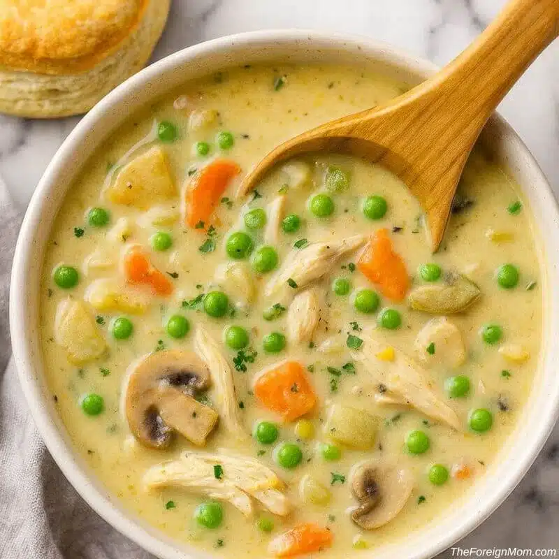 Creamy chicken pot pie soup in a bowl with shredded chicken, peas, carrots, celery, potatoes, and fresh herbs.