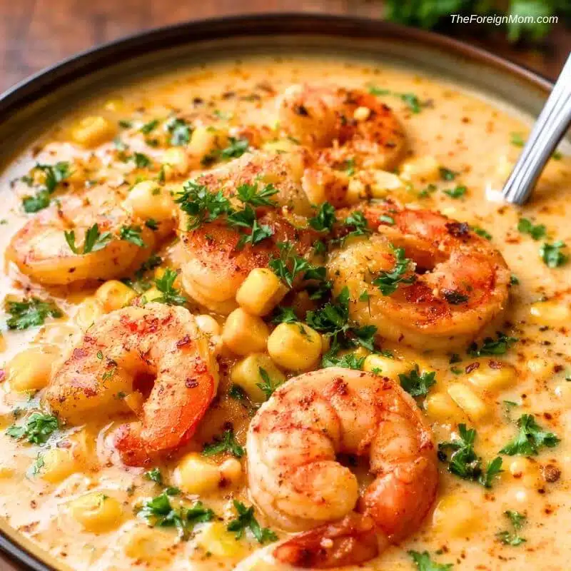 Creamy shrimp and corn bisque with tender shrimp, sweet corn kernels, and herbs in a rich, golden broth