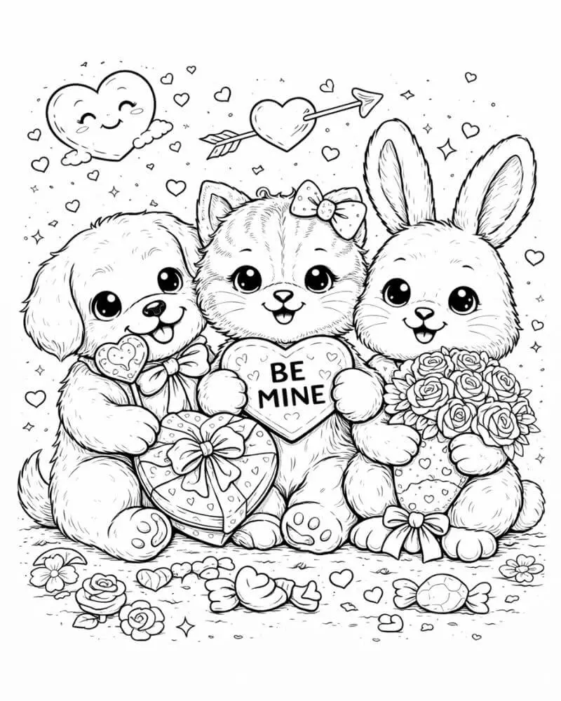 Cute animals sharing love Valentine’s Day coloring page for kids.