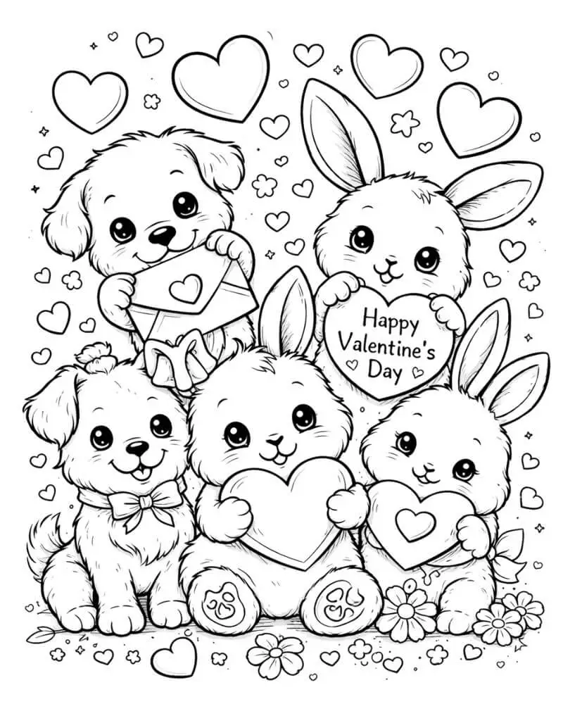 Cute animals sharing love Valentine’s Day coloring page for kids.