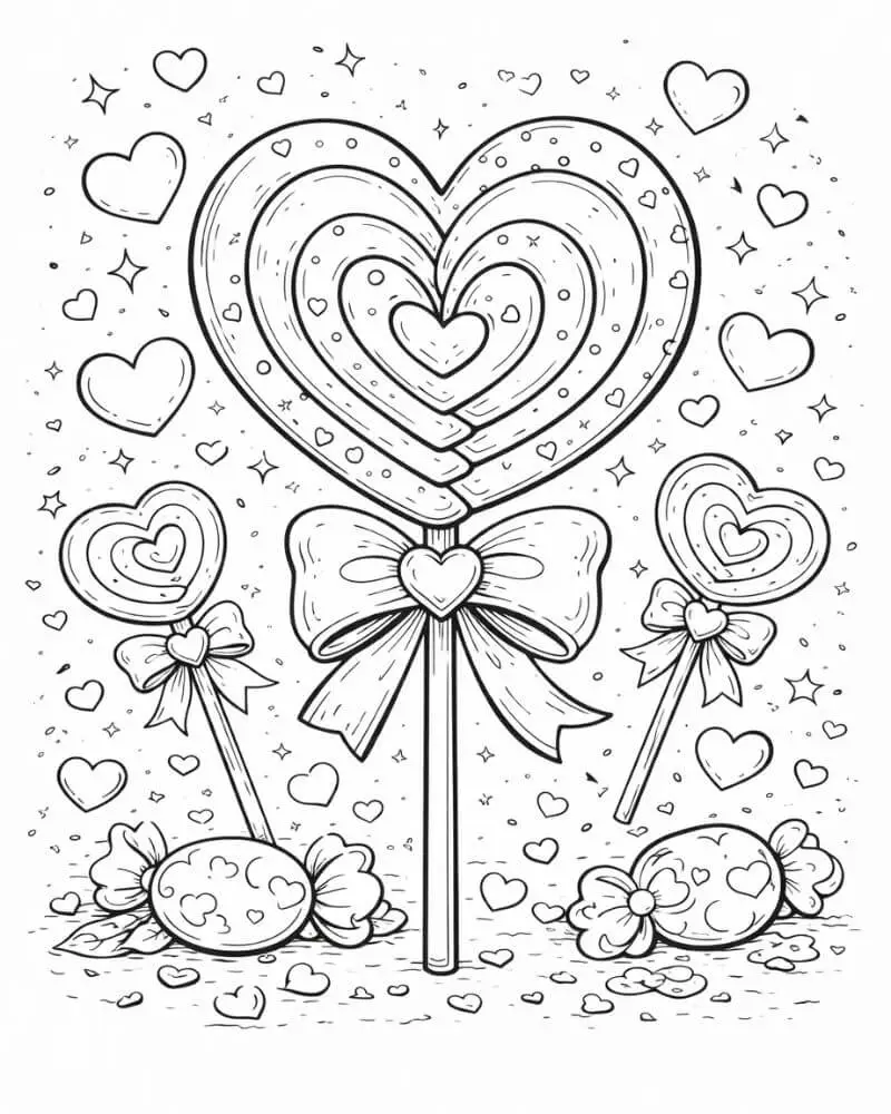 Heart candy bouquet Valentine’s Day coloring page with lollipops and hearts for kids.