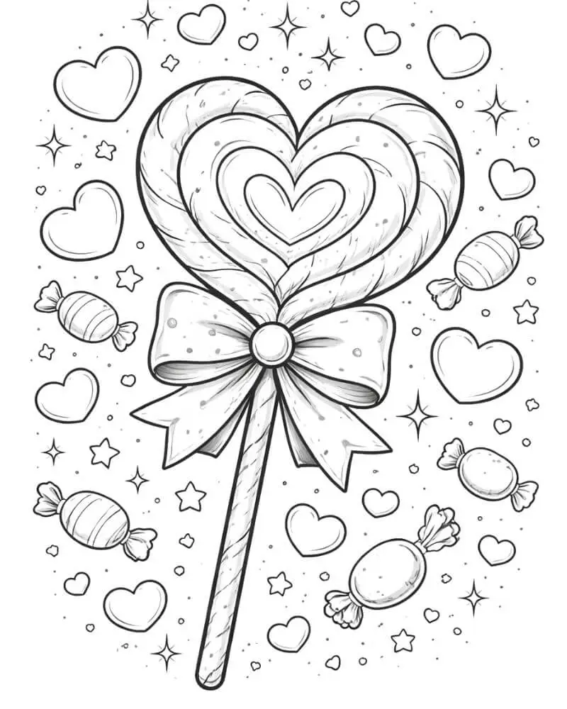Heart-shaped lollipop Valentine’s Day coloring page with hearts and candy for kids.