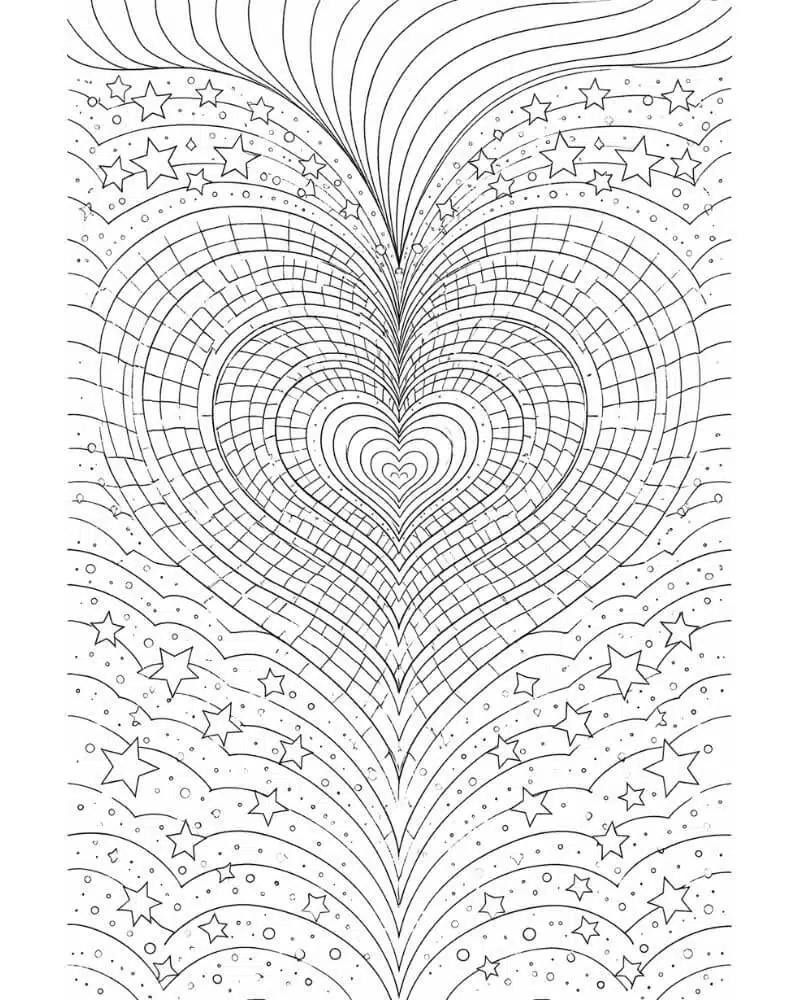 Detailed heart optical illusion coloring page with stars and swirling lines for older kids and teens.