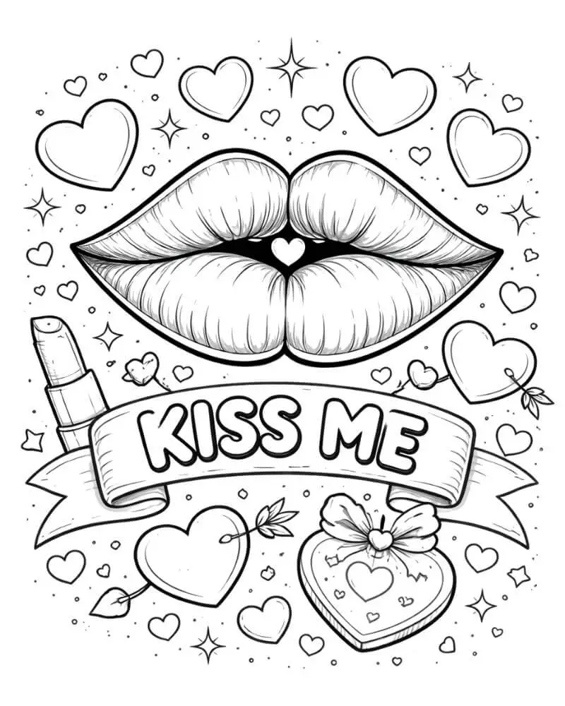 Kiss me Valentine’s Day coloring page with lips, hearts, and banner for kids.