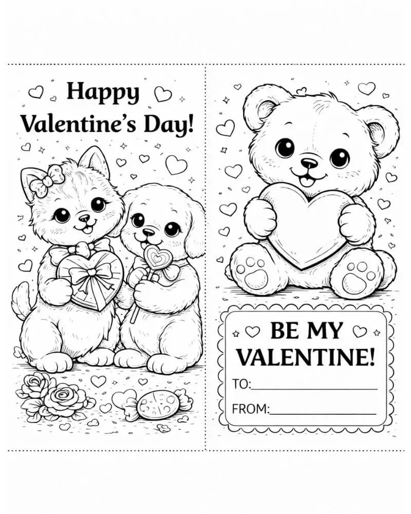 Printable Valentine’s Day coloring cards for kids with cute animals and to and from lines.