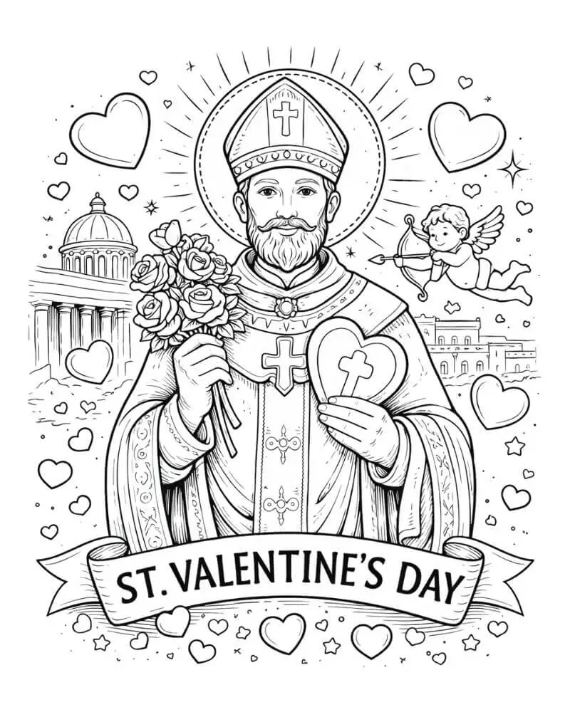 Saint Valentine religious Valentine’s Day coloring page for children.