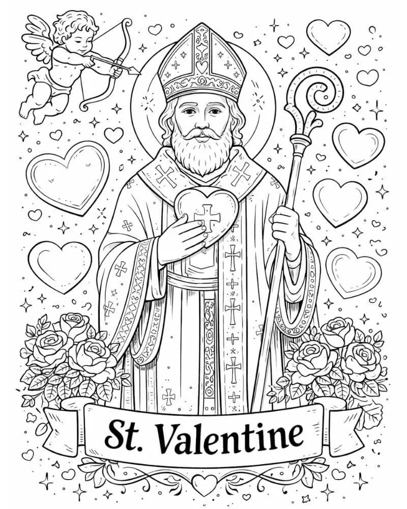 Saint Valentine religious coloring page with cupid and hearts for kids.