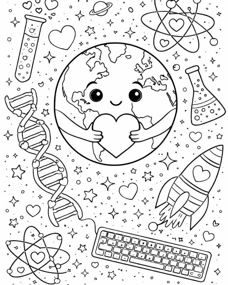 STEM Valentine coloring page with Earth, science symbols, and hearts for kids.