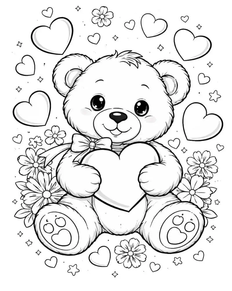 Cute teddy bear holding a heart Valentine’s Day coloring page for kids.
