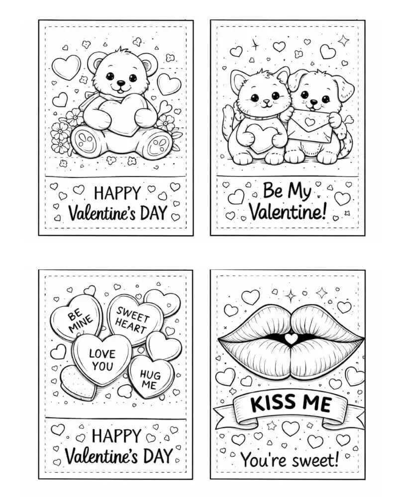Printable Valentine’s Day coloring cards for kids with teddy bears, hearts, and kiss designs.