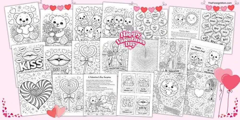 Collection of Valentine’s Day coloring pages for kids including hearts, animals, story pages, and love-themed printable designs.
