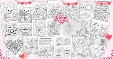 Valentine’s Day coloring pages for kids featuring cute hearts, animals, and love-themed designs in black and white printable format.