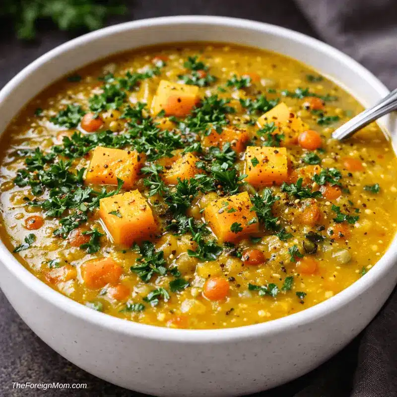 White bowl of vegan butternut squash and lentil soup with visible squash pieces and a spoon on a dark background.