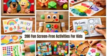 Collage of colorful screen-free activities for kids, including crafts, painting, puppets, origami, sticker play, and hands-on creative projects, used as the hero image for a blog post about 200 fun screen-free activities for kids.