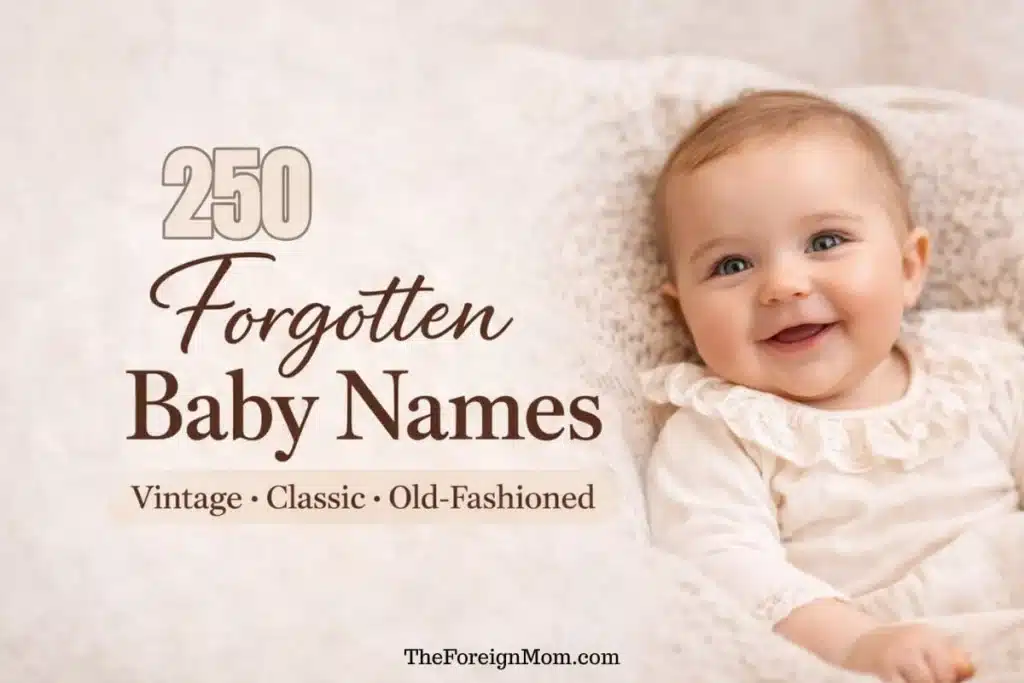 Section image introducing a list of 250 forgotten baby names with a smiling baby and vintage, classic style.