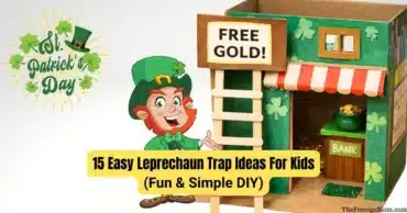 Cardboard leprechaun trap with ladder, free gold sign, and pot of gold for St. Patrick’s Day DIY kids craft ideas.