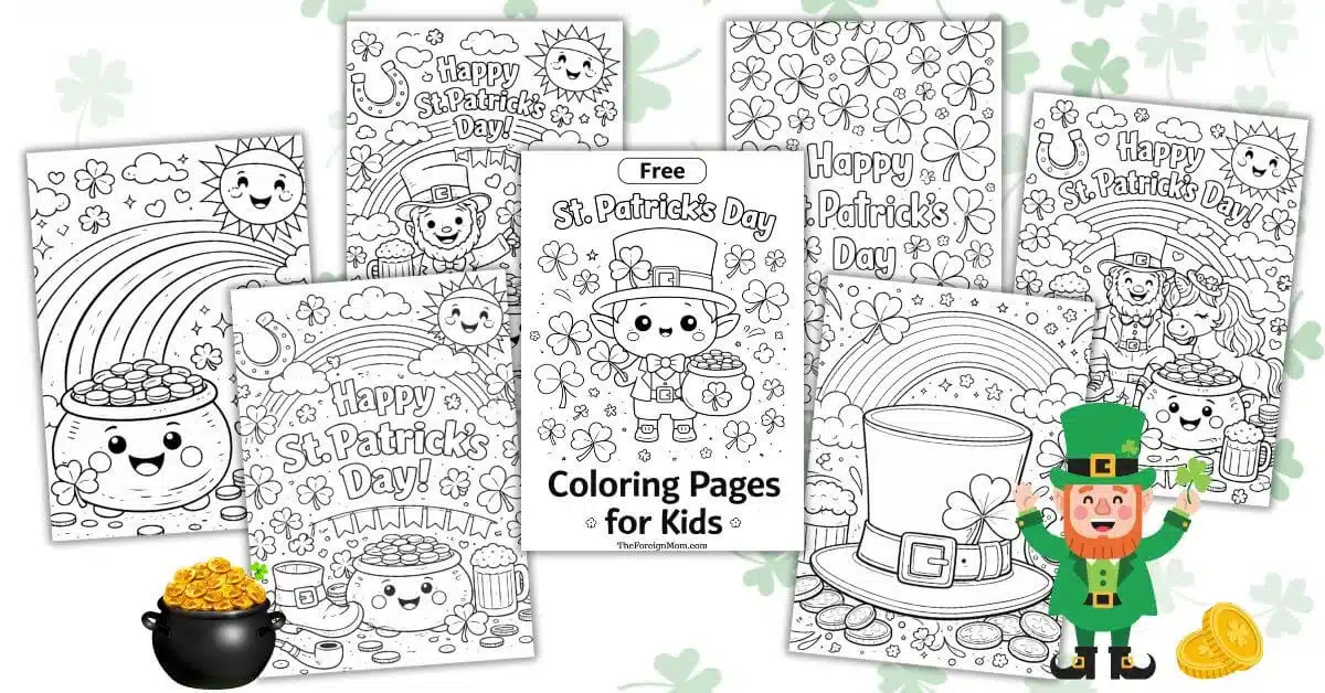 Collage of free St. Patrick’s Day coloring pages for kids featuring shamrocks, leprechauns, rainbows, and pot of gold printables.