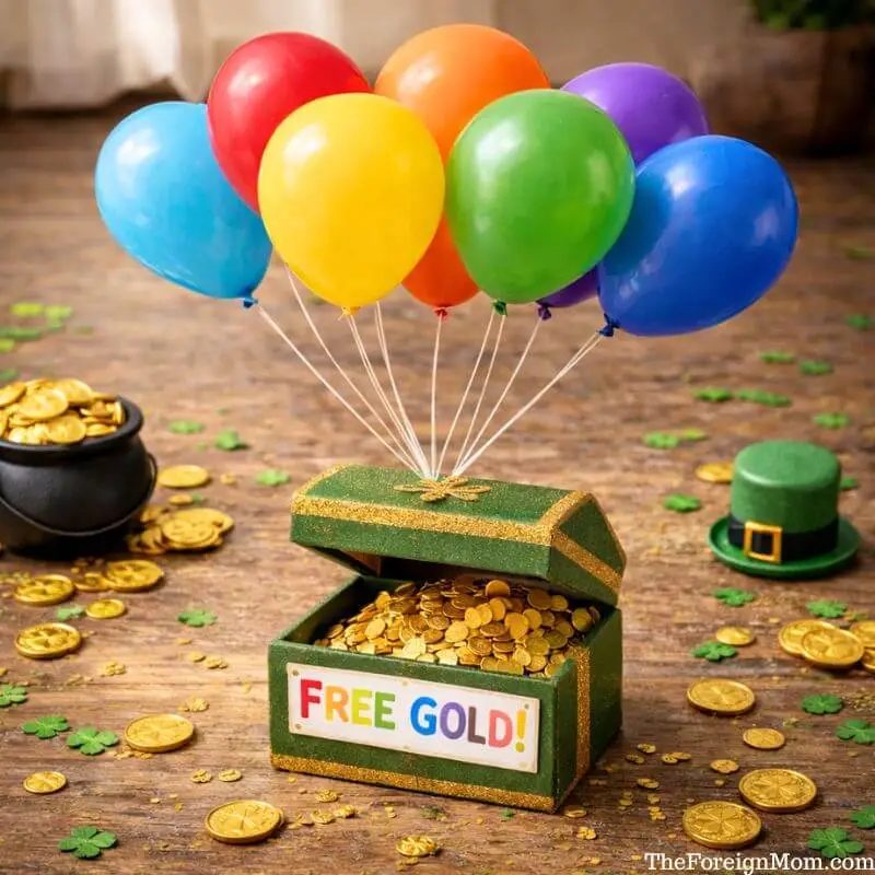 Rainbow balloon lift leprechaun trap with colorful balloons tied to a green box filled with gold coins for St. Patrick’s Day.
