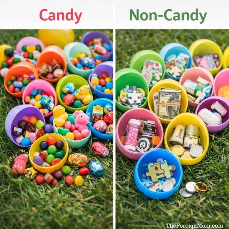 Side-by-side comparison of Easter eggs filled with candy on one side and non-candy fillers like money, puzzle pieces, coins, and lip balm on the other.