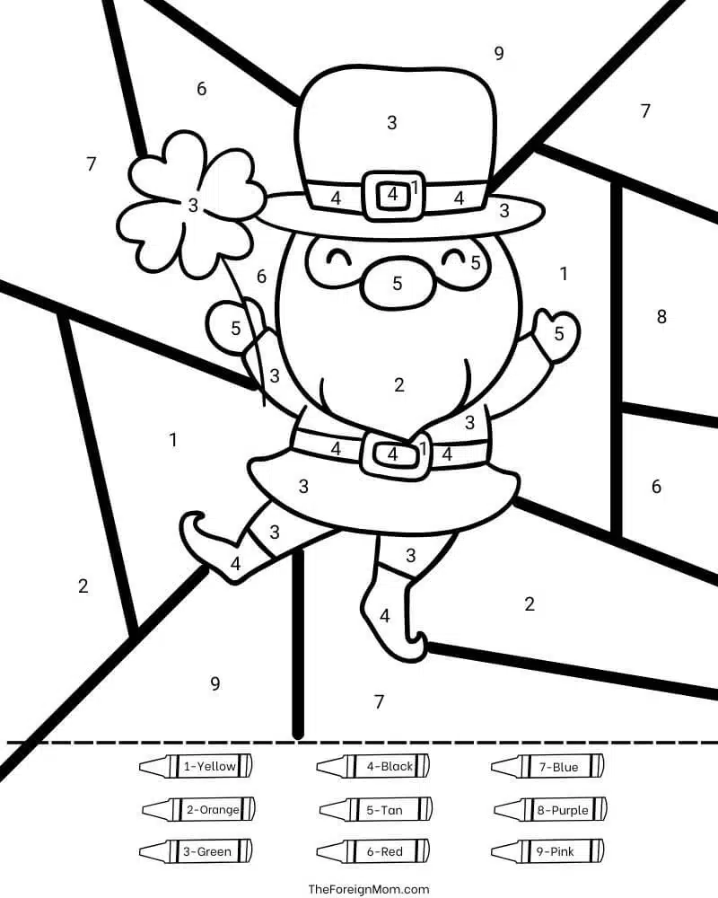 St. Patrick’s Day dancing leprechaun color by number coloring page preview.