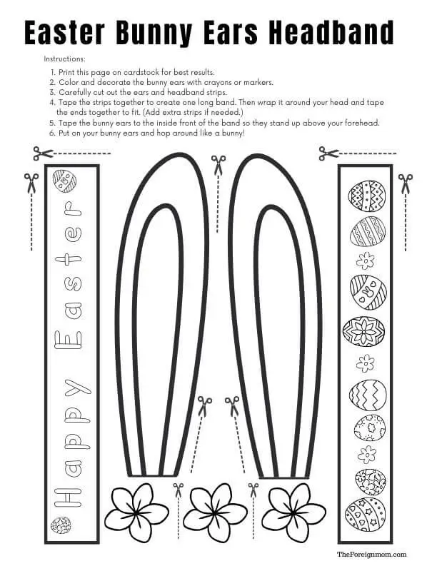 Easter bunny ears headband printable worksheet with cut-out ears and headband strips for kids Easter craft.