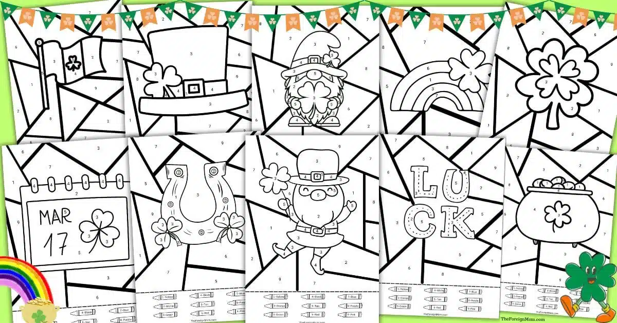 St. Patrick’s Day color by number printables featuring shamrocks, leprechaun hats, rainbow, pot of gold, and lucky themed coloring pages for kids.