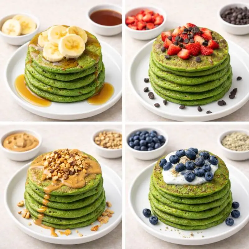 Green spinach banana pancakes served with different toppings including banana, strawberries, chocolate chips, peanut butter, and blueberries.
