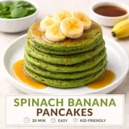Stack of healthy spinach banana pancakes topped with fresh banana slices and maple syrup.