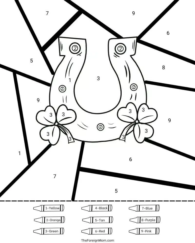 St. Patrick’s Day horseshoe color by number coloring page preview.