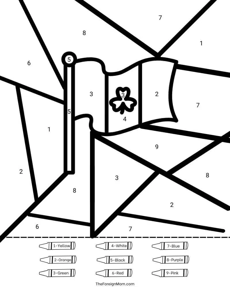 St. Patrick’s Day Irish flag color by number coloring page preview.