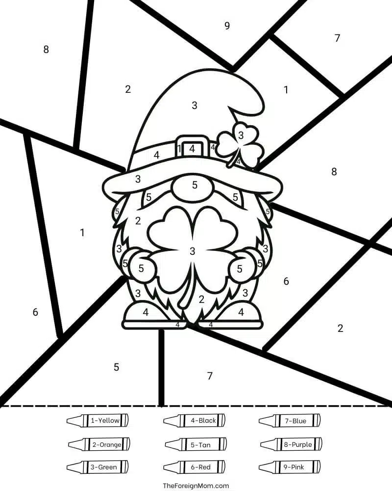 St. Patrick’s Day leprechaun gnome color by number coloring page preview.
