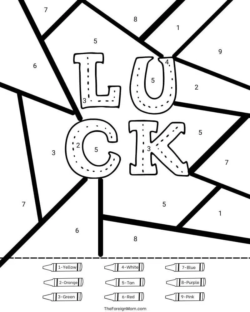 St. Patrick’s Day lucky word color by number coloring page preview.