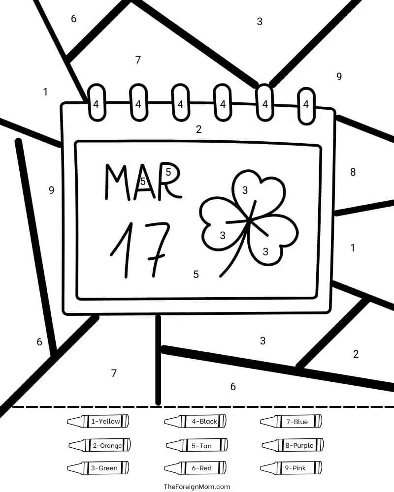 St. Patrick’s Day March 17 color by number coloring page preview.