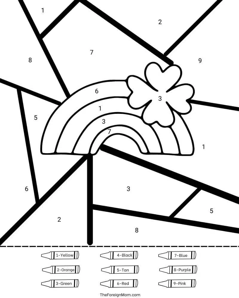 St. Patrick’s Day rainbow shamrock color by number coloring page preview.