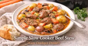 Simple slow cooker beef stew served in a bowl with potatoes carrots and tender beef, easy crockpot dinner.