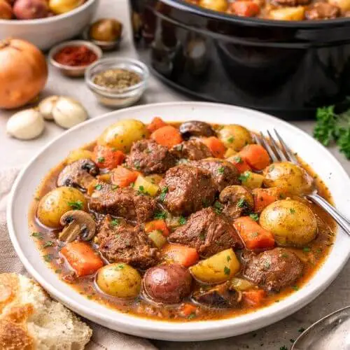 Hearty slow cooker beef stew made with tender beef chunks, baby potatoes, carrots, and rich gravy served in a bowl.