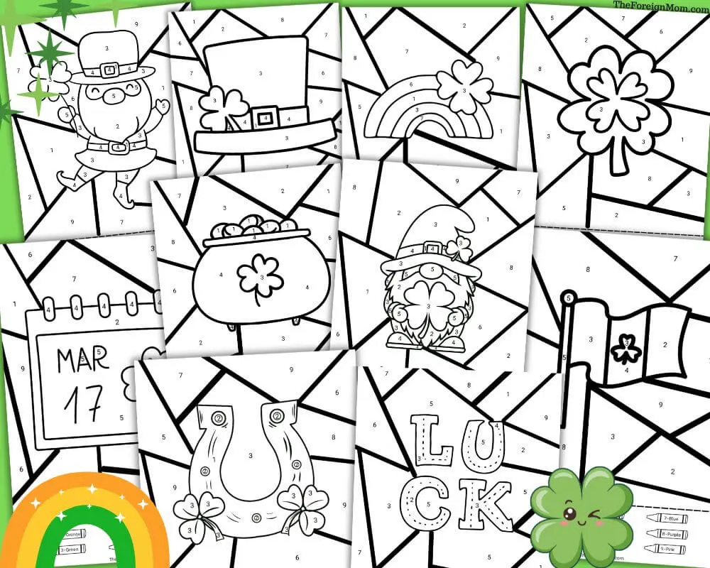 Overview of all my St. Patrick’s Day color by number printables including leprechaun, rainbow, shamrock, pot of gold, and lucky themed coloring pages for kids.