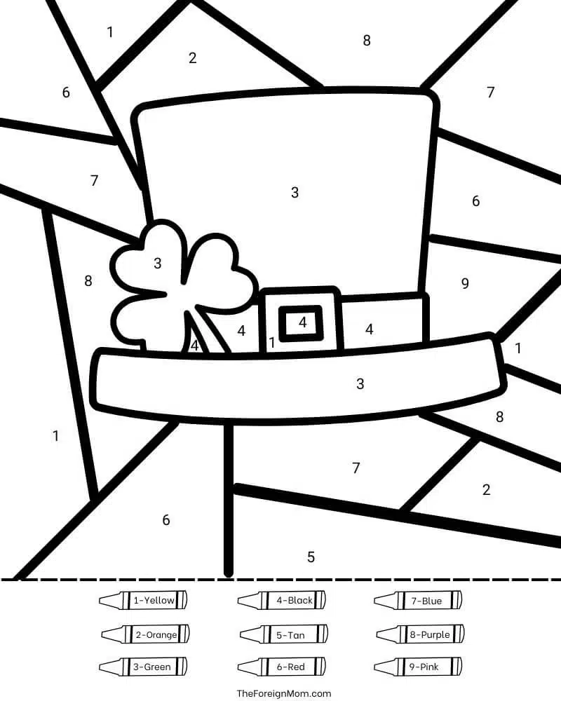Preview of St. Patrick’s Day leprechaun hat color by number coloring page with shamrock and rainbow sections for kids printable activity.