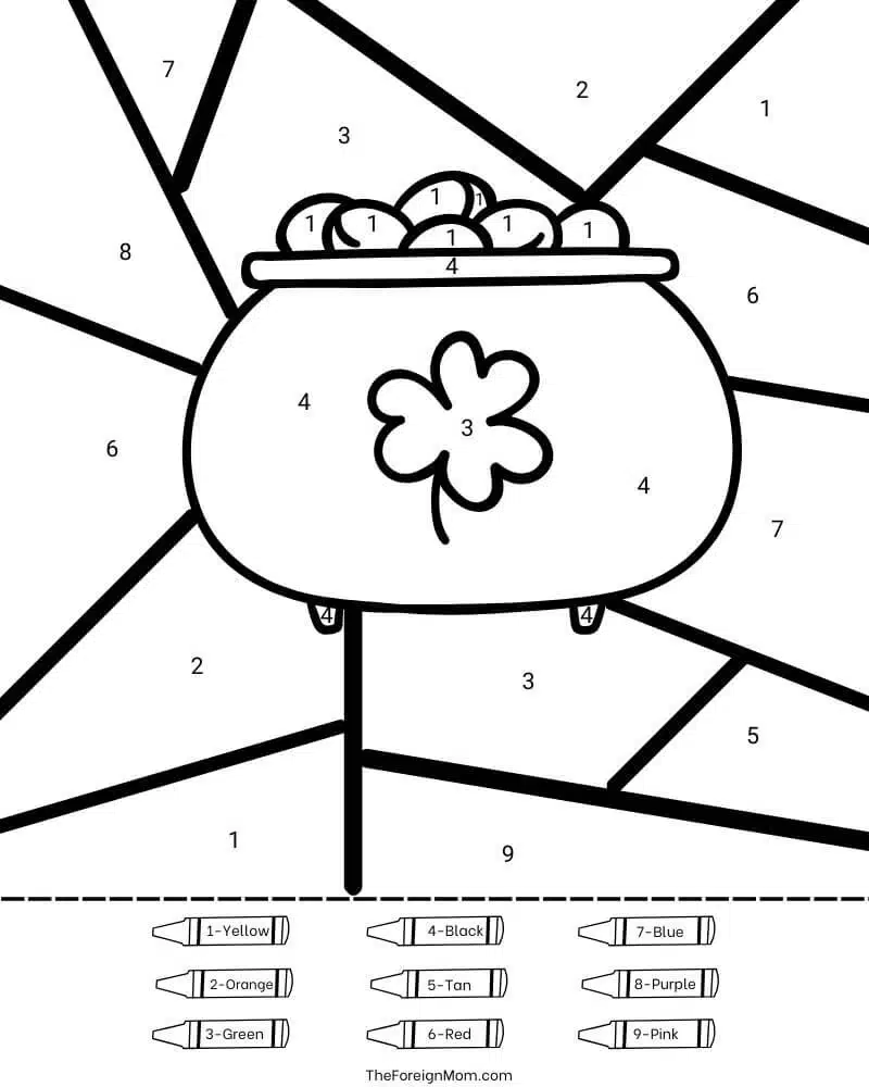 Preview of St. Patrick’s Day pot of gold color by number coloring page with shamrock and rainbow background for kids printable activity.