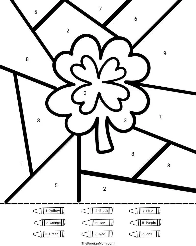 Preview of St. Patrick’s Day shamrock color by number coloring page with rainbow background sections for kids printable activity.