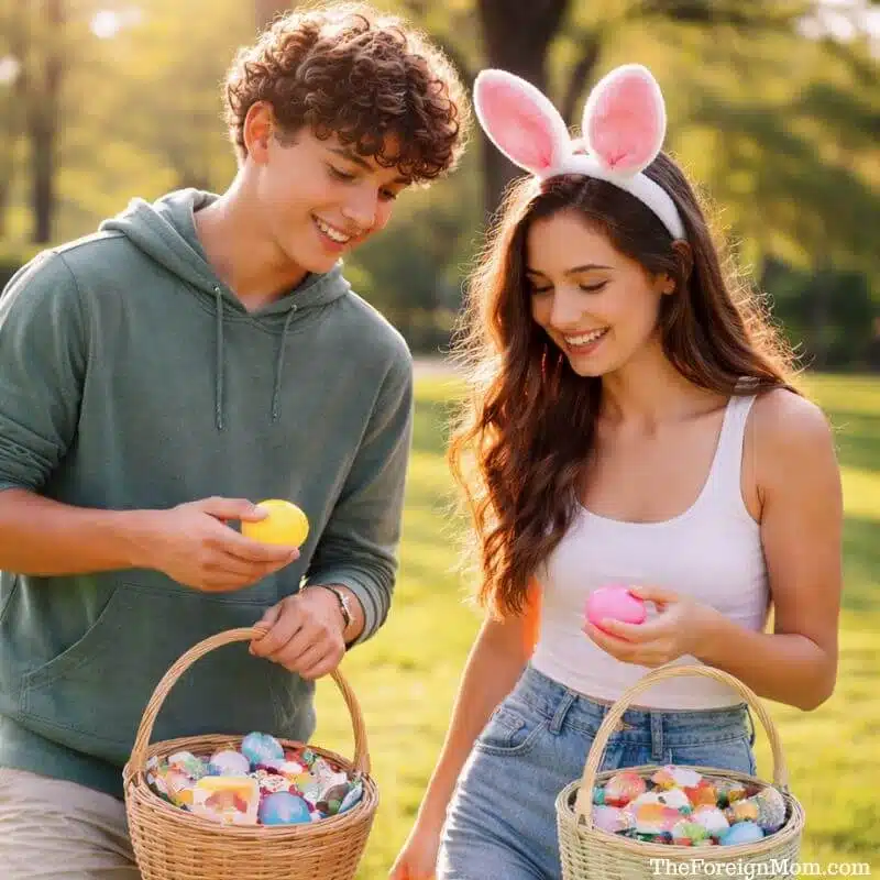 Teenage girl and boy holding colorful plastic Easter eggs and baskets filled with non-candy egg fillers during an outdoor egg hunt.
